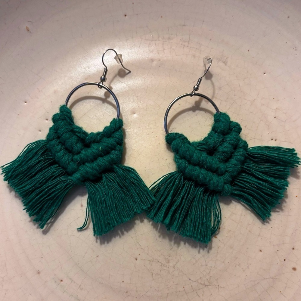 Kelly Green Macramé Tassel Hoop Earrings